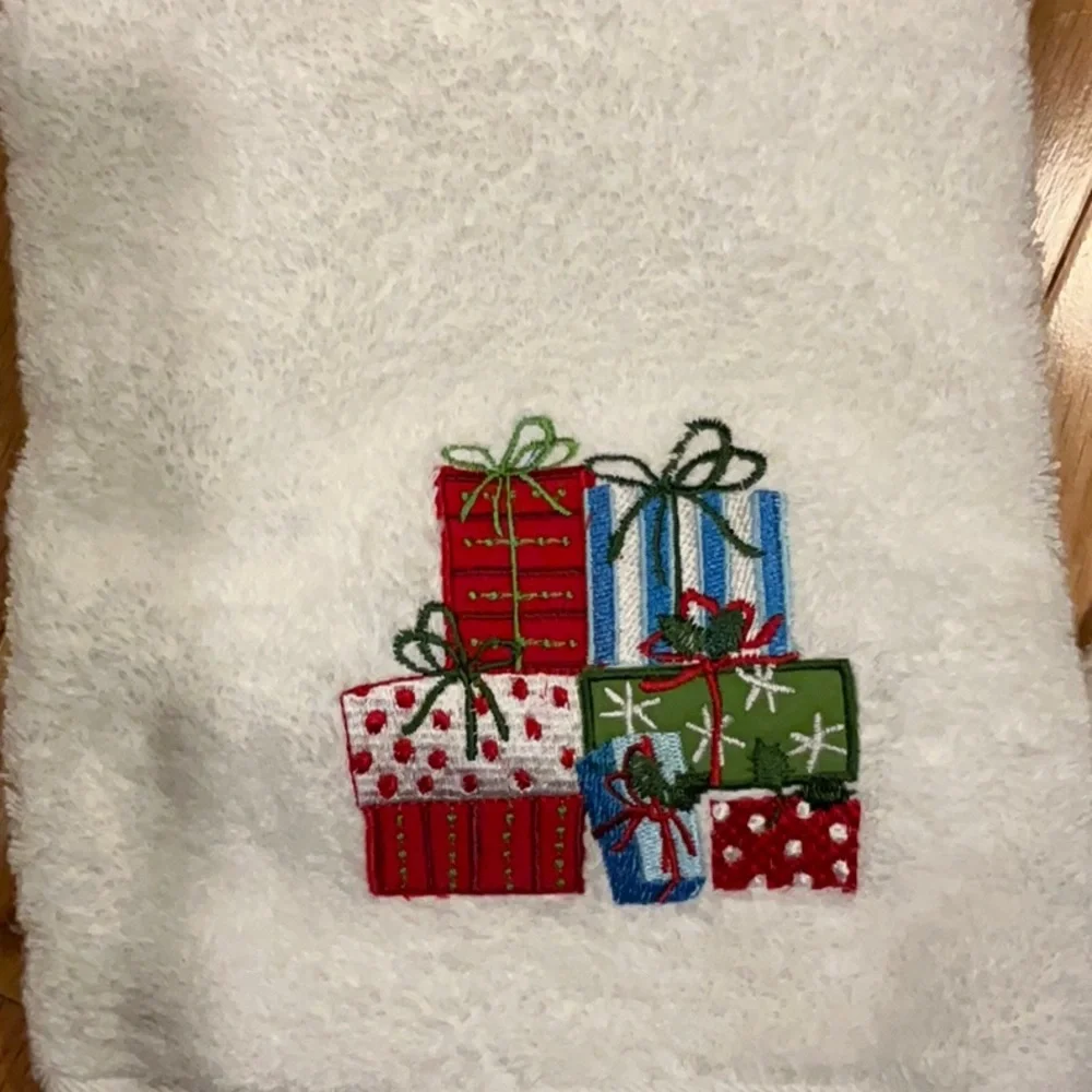 One Pair of Lands End White With Multicolored Holiday Presents Hand Towels
